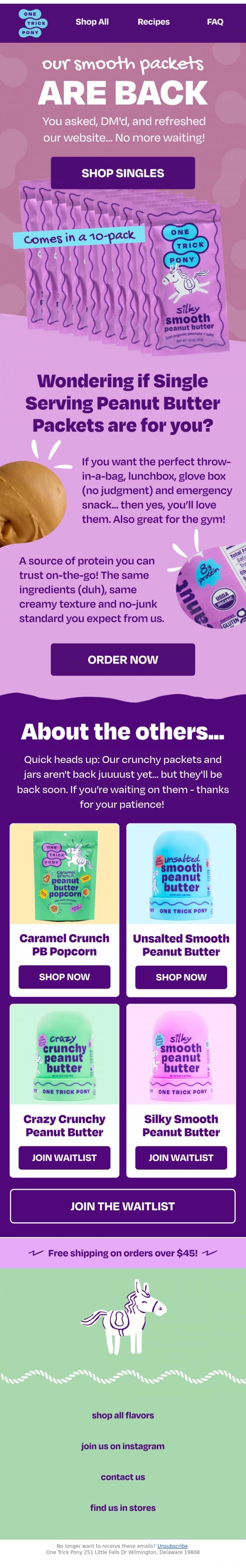 Email Design Inspiration from One Trick Pony, Smooth Peanut Butter Single Servings Are Back! 🥜