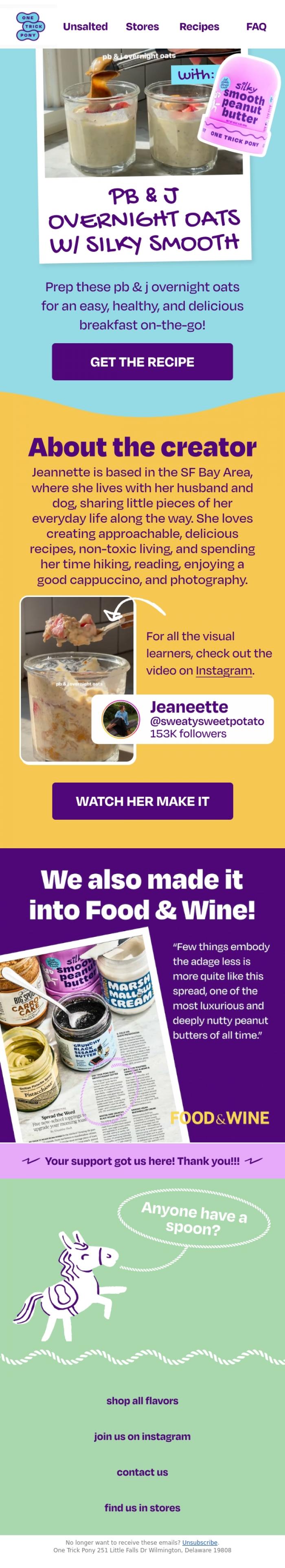 Email Design Inspiration from One Trick Pony, Breakfast On-the-go? 🫙 Try PB&J Overnight Oats