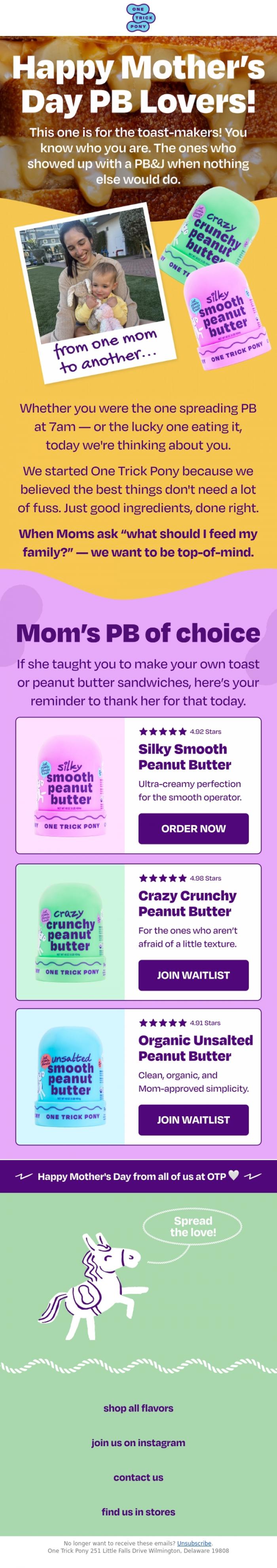 Email Design Inspiration from One Trick Pony, Happy Mother's Day from Mom's Fav PB 💖