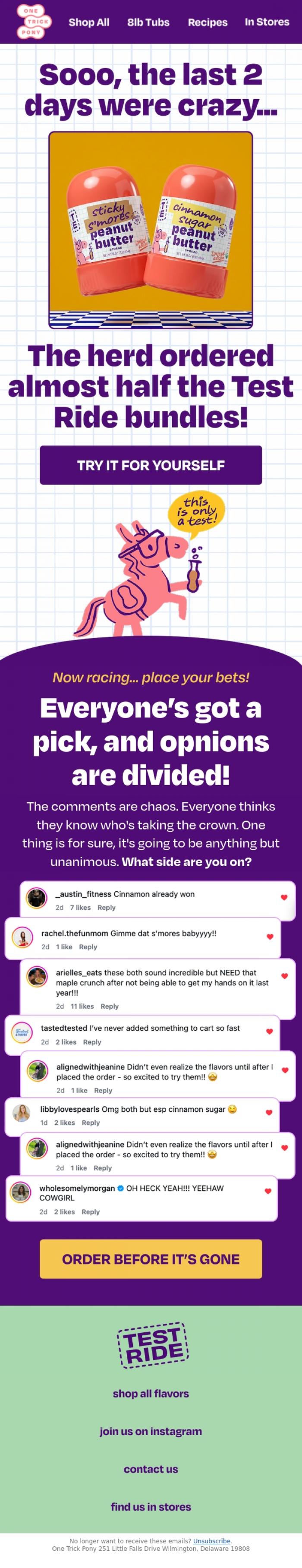 Email Design Inspiration from One Trick Pony, Sticky S'mores or Cinnamon Sugar? 👀🧪