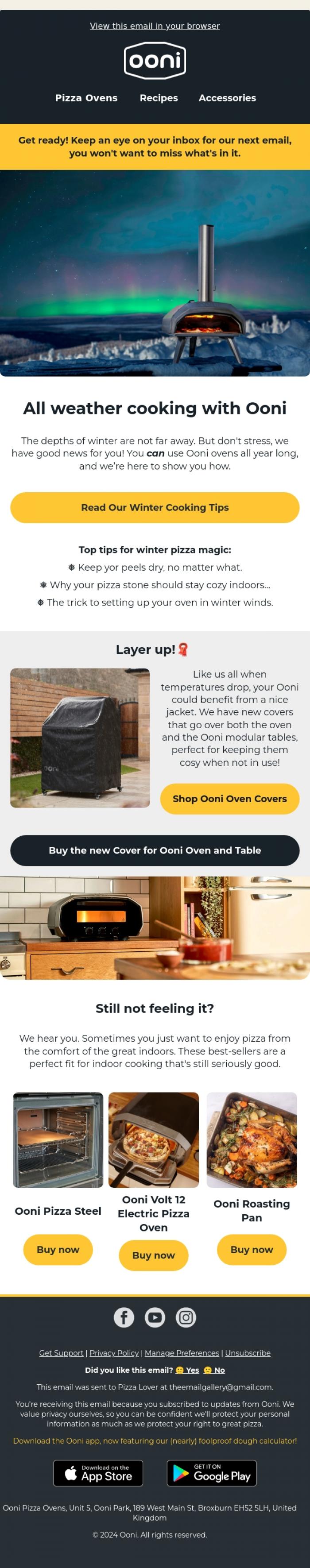 Email Design Inspiration from Ooni Pizza Ovens, Warm Up by the Ooni This Winter ❄️