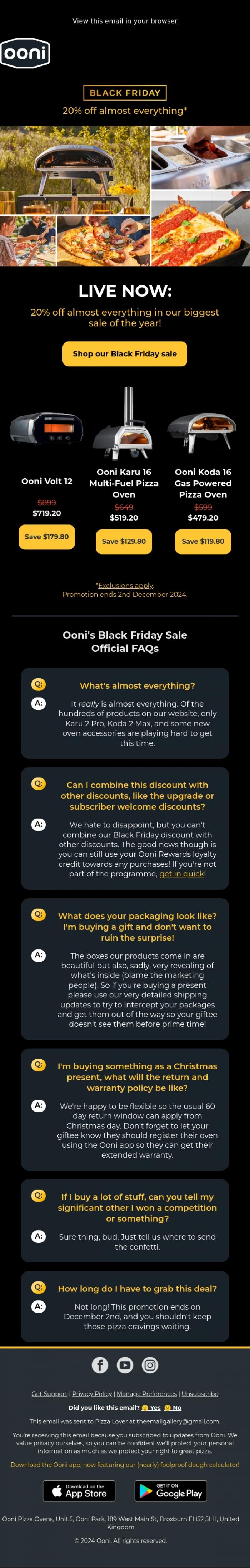 Email Design Inspiration from Ooni Pizza Ovens, LIVE: Ooni's Black Friday Event (20% off almost everything)