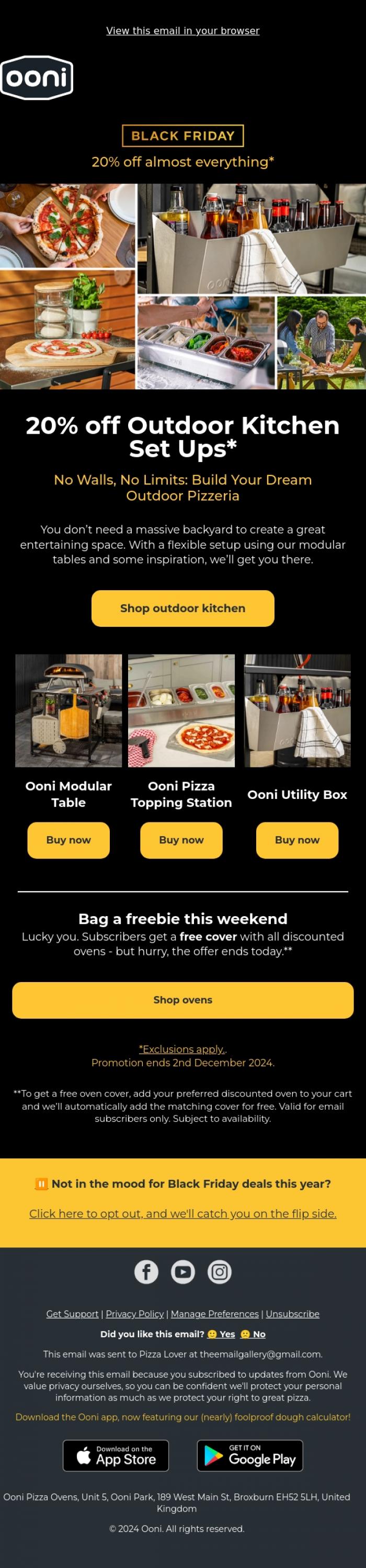Email Design Inspiration from Ooni Pizza Ovens, 20% Off Outdoor Pizza Kitchens 🍕