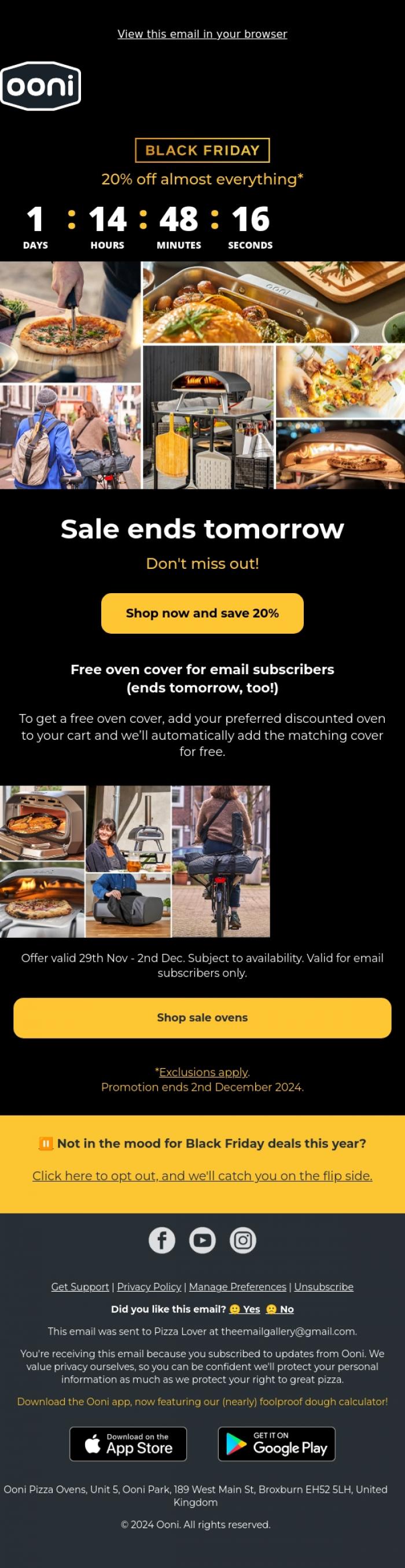 Email Design Inspiration from Ooni Pizza Ovens, 1 More Day To Get A Free Cover + 20% Off Almost Everything! 🍕