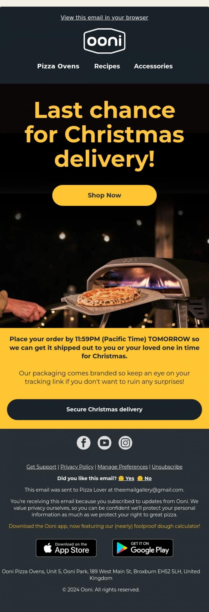 Email Design Inspiration from Ooni Pizza Ovens, Order NOW for Christmas