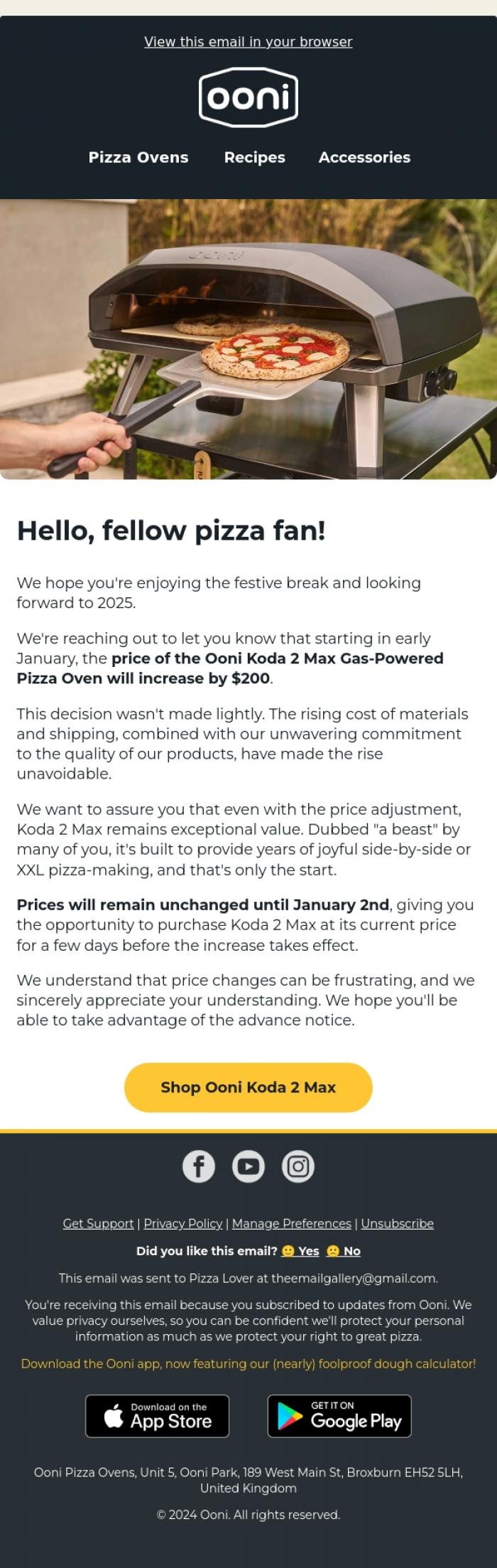 Email Design Inspiration from Ooni Pizza Ovens, Price Update Coming Soon for Koda 2 Max