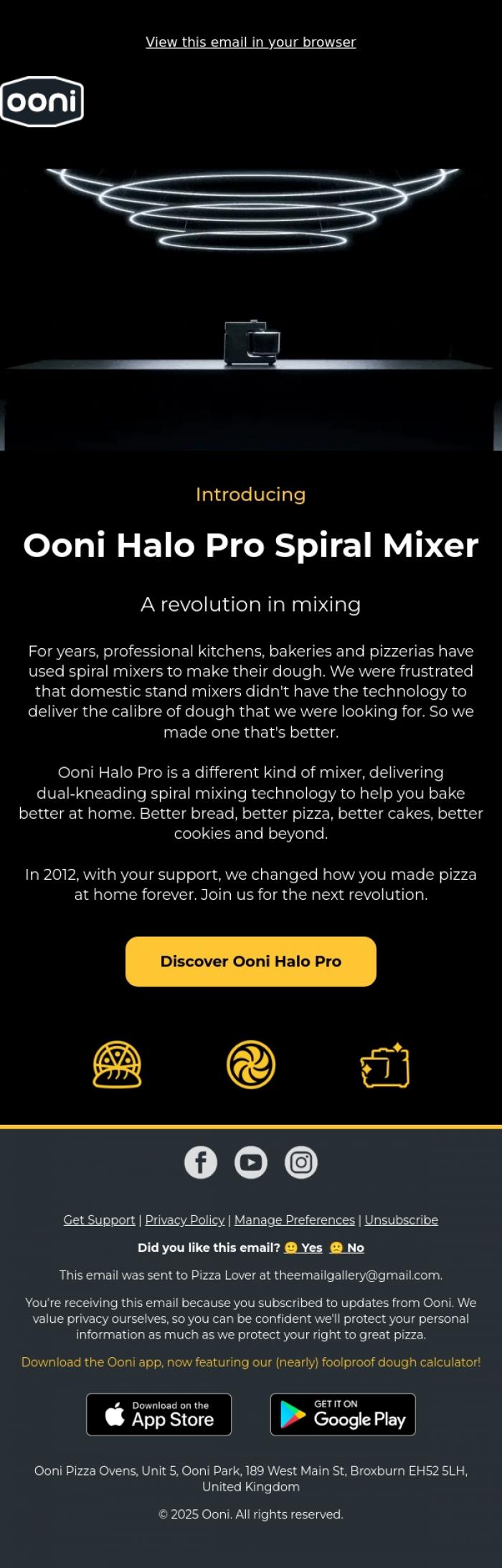 Email Design Inspiration from Ooni Pizza Ovens, Introducing the Ooni Halo Pro Spiral Mixer