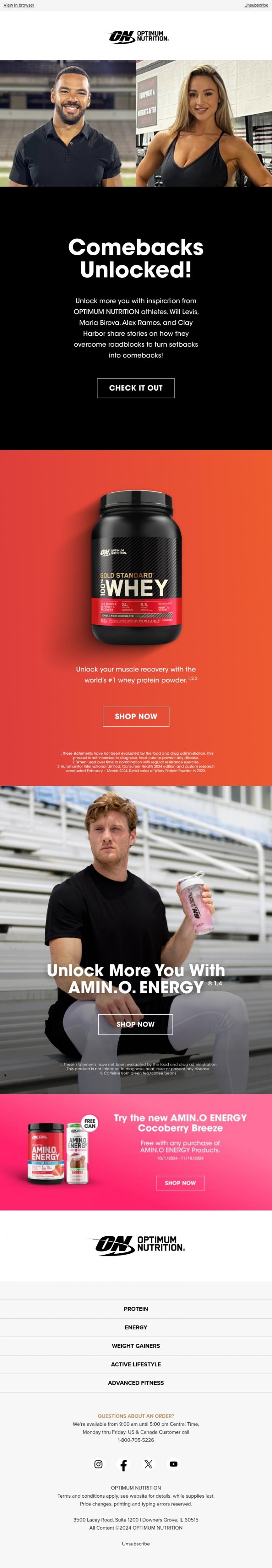 Email Design Inspiration from Optimum Nutrition, Meet the Comeback Champs! 🏆