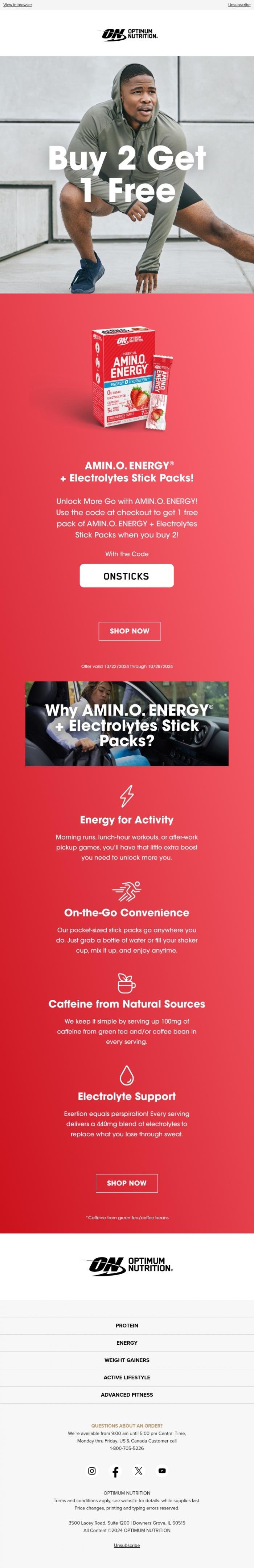 Email Design Inspiration from Optimum Nutrition, Buy 2 Get 1 Free: AMIN.O. ENERGY + Electrolytes Stick Packs!