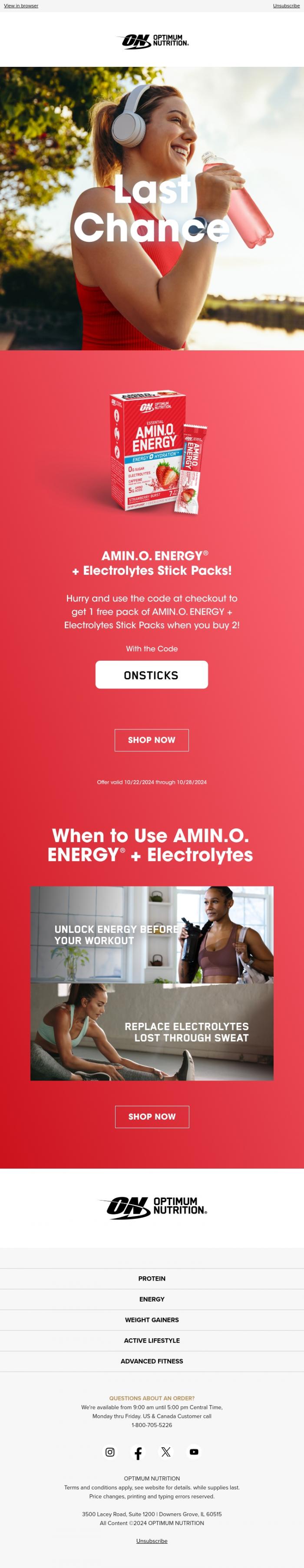 Email Design Inspiration from Optimum Nutrition, Hurry & Save on AMIN.O. ENERGY + Electrolytes Stick Packs