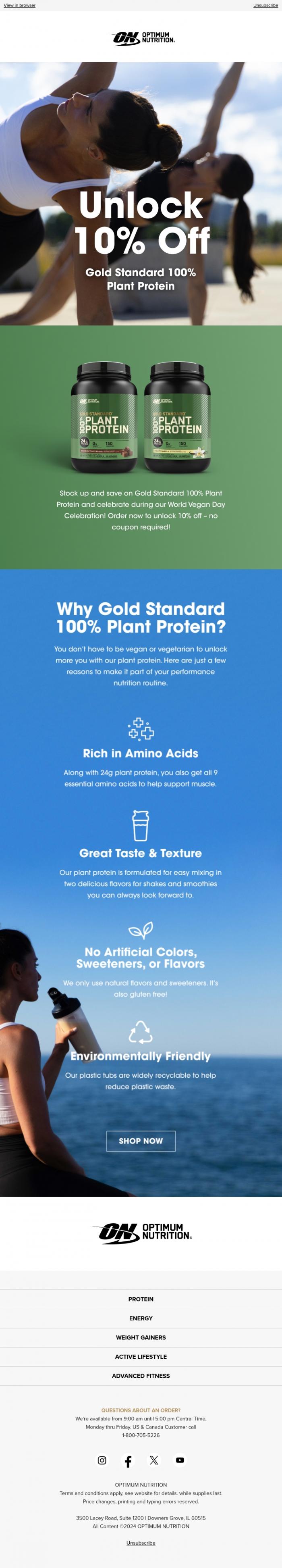 Email Design Inspiration from Optimum Nutrition, Unlock 10% Off Gold Standard 100% Plant Protein 🌱