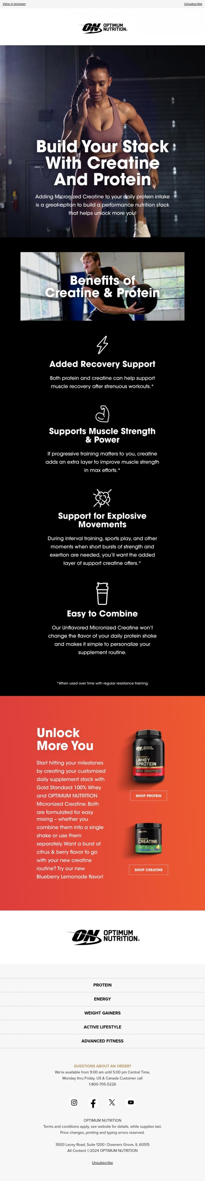 Email Design Inspiration from Optimum Nutrition, Why Stack Creatine + Protein? 🤔