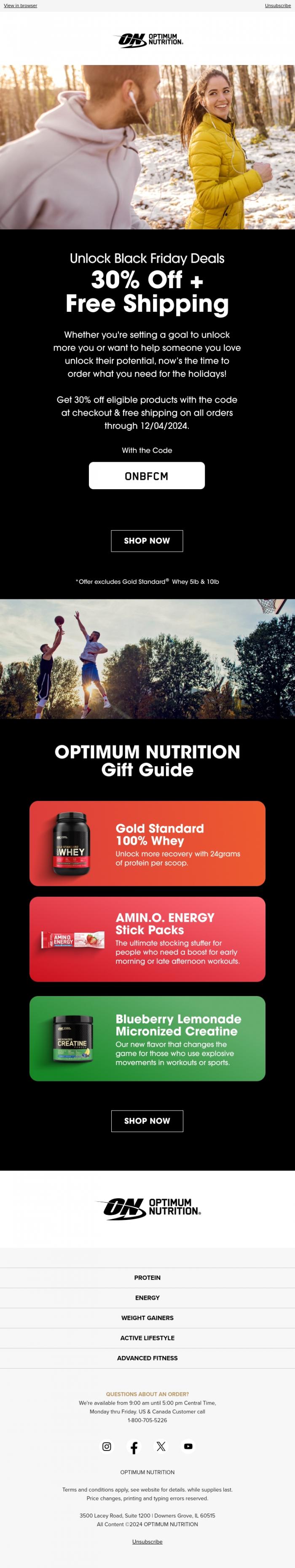 Email Design Inspiration from Optimum Nutrition, Unlock Black Friday Deals