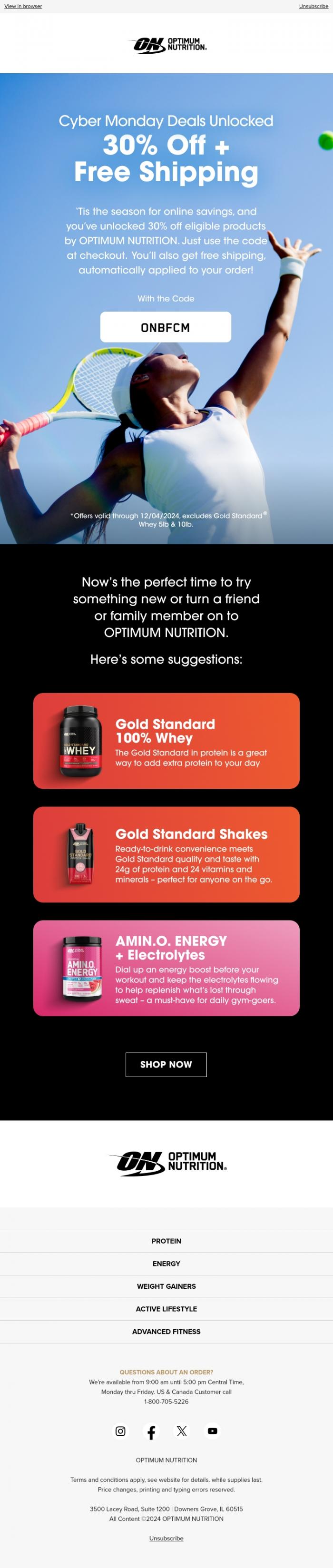 Email Design Inspiration from Optimum Nutrition, You Unlocked Cyber Monday Deals!