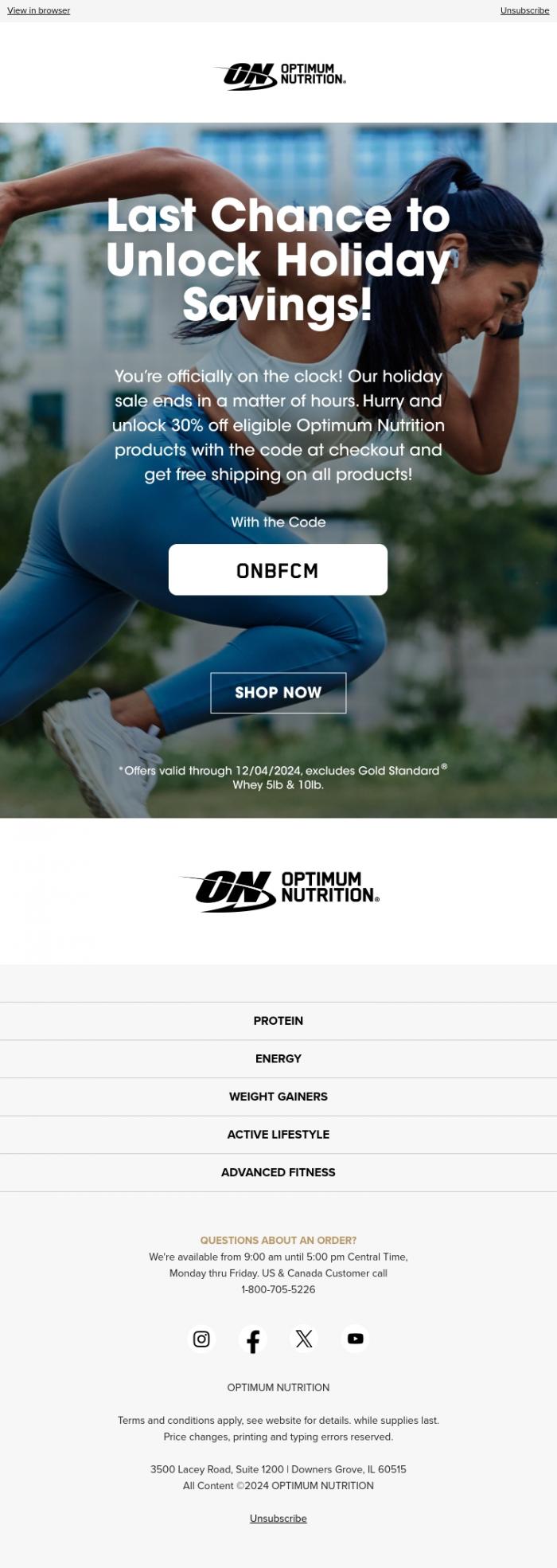 Email Design Inspiration from Optimum Nutrition, Last Chance to Unlock Holiday Savings!