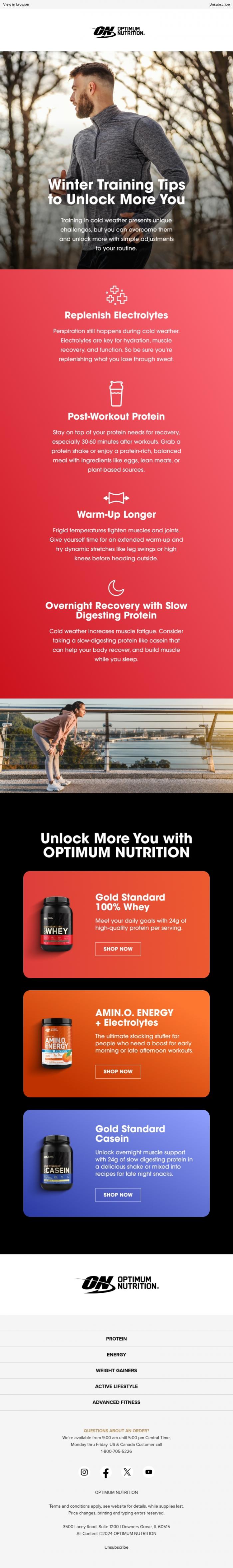 Email Design Inspiration from Optimum Nutrition, Unlock Cold Weather Training Tips 🔐❄️