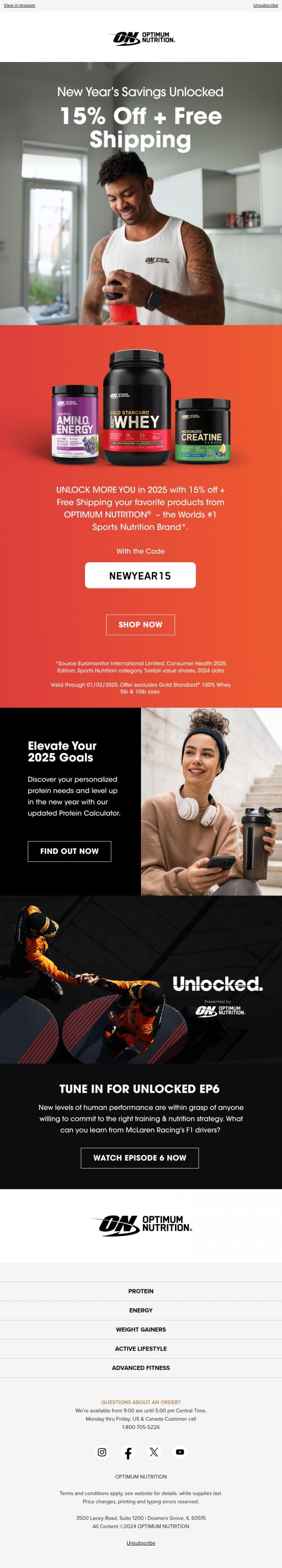 Email Design Inspiration from Optimum Nutrition, New Year's Savings Unlocked: 15% Off 🎇🔐