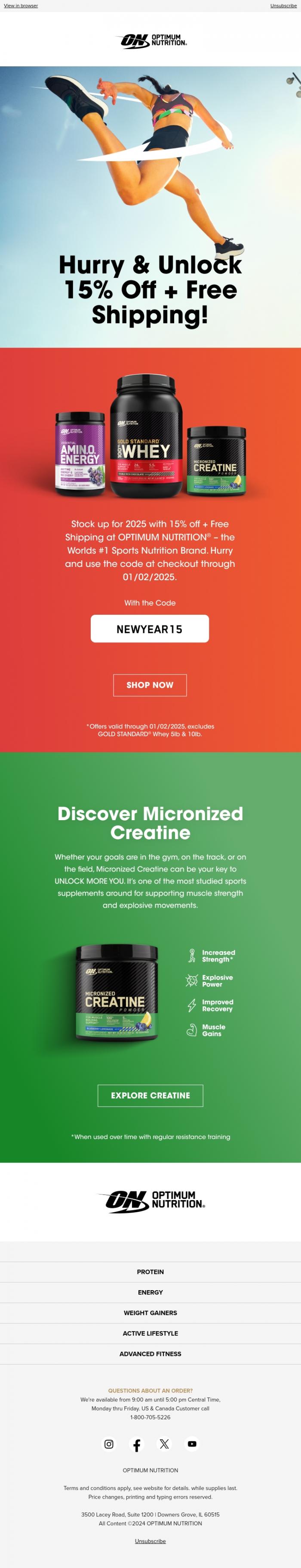 Email Design Inspiration from Optimum Nutrition, Hurry & Unlock 15% Off 🛒💨