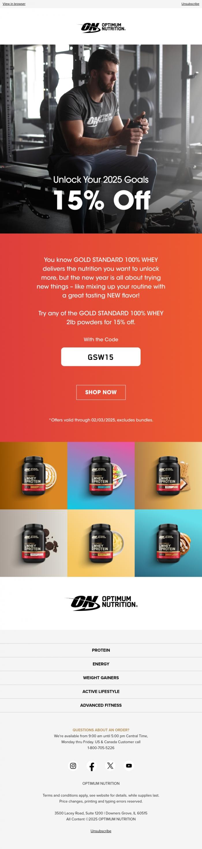 Email Design Inspiration from Optimum Nutrition, Unlock 15% Off Gold Standard 100% Whey 🔐
