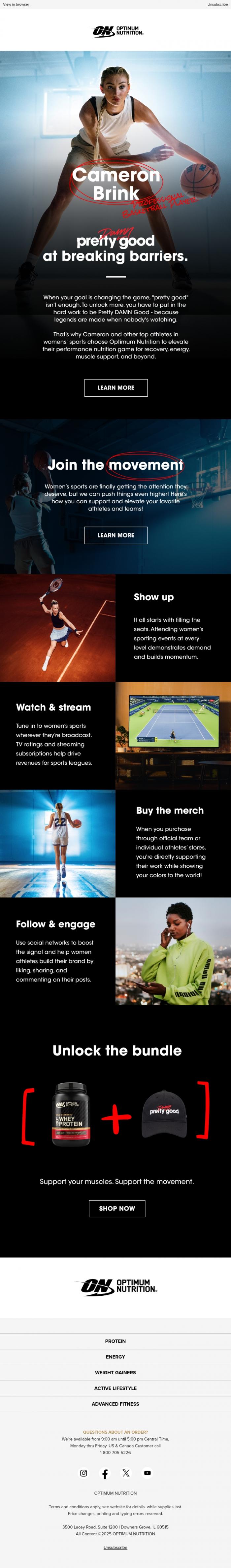 Email Design Inspiration from Optimum Nutrition, Pretty Damn Good: Supporting Women's Sports