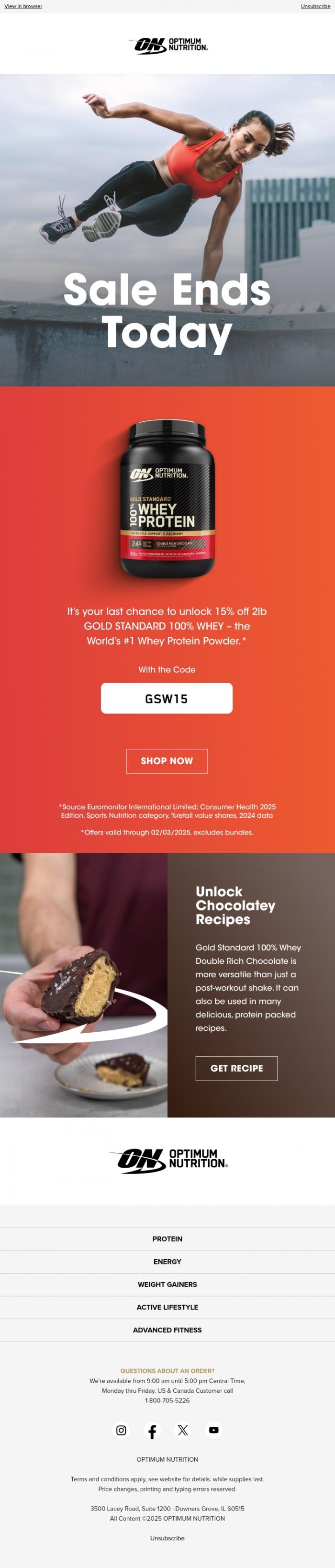 Email Design Inspiration from Optimum Nutrition, Hurry & Save on Gold Standard 100% Whey 🏃🏻💨