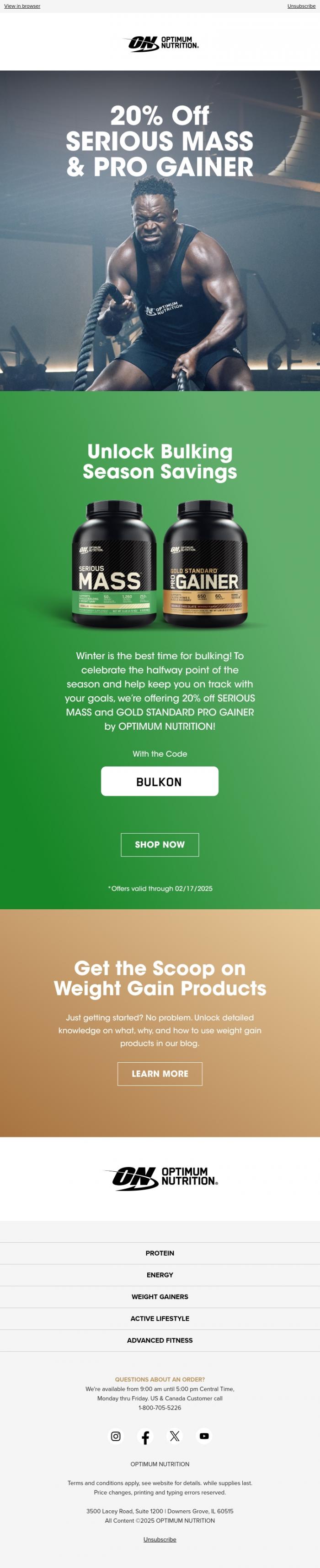 Email Design Inspiration from Optimum Nutrition, Unlock Bulking Season Savings 🔐📈