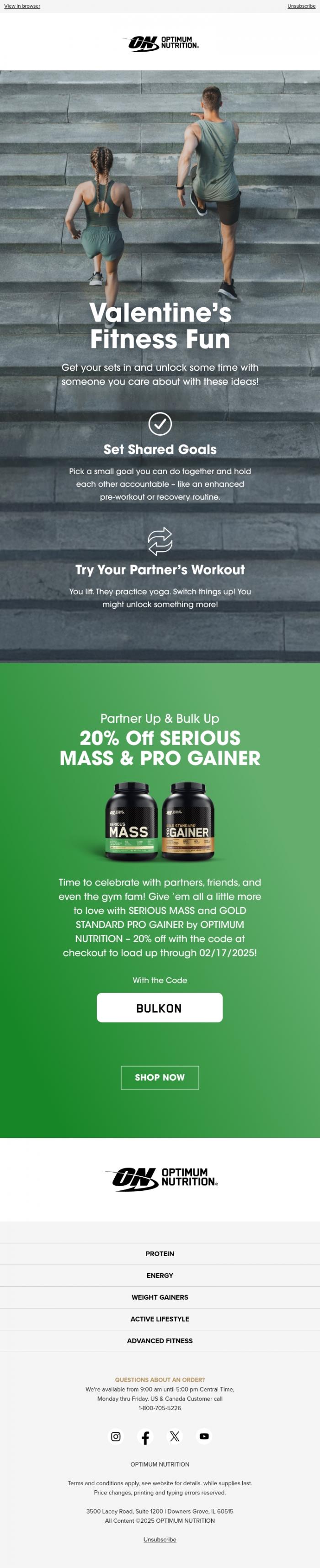 Email Design Inspiration from Optimum Nutrition, Savings + Valentine's Day Fun 💘