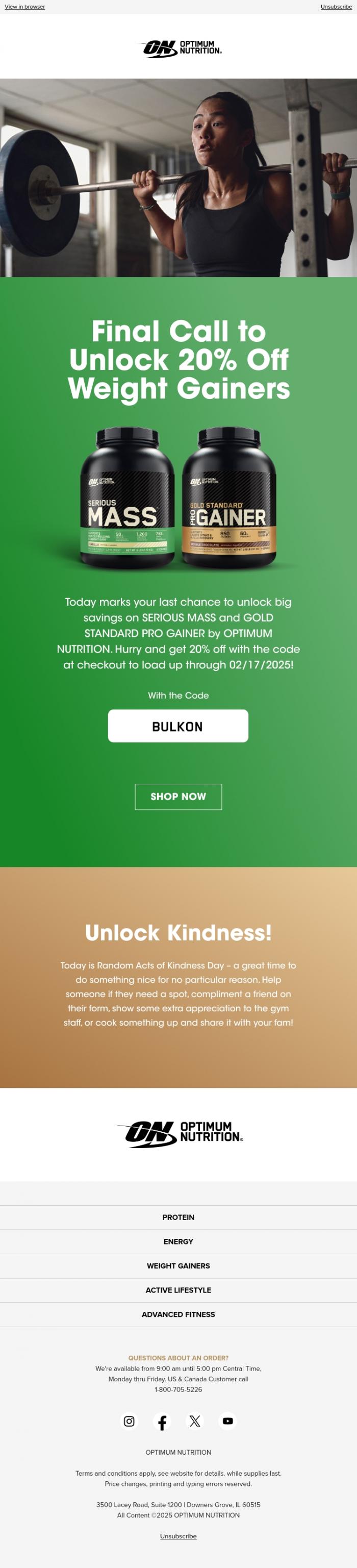 Email Design Inspiration from Optimum Nutrition, Last Chance to Unlock 20% Off Weight Gainers ⏰⚖️