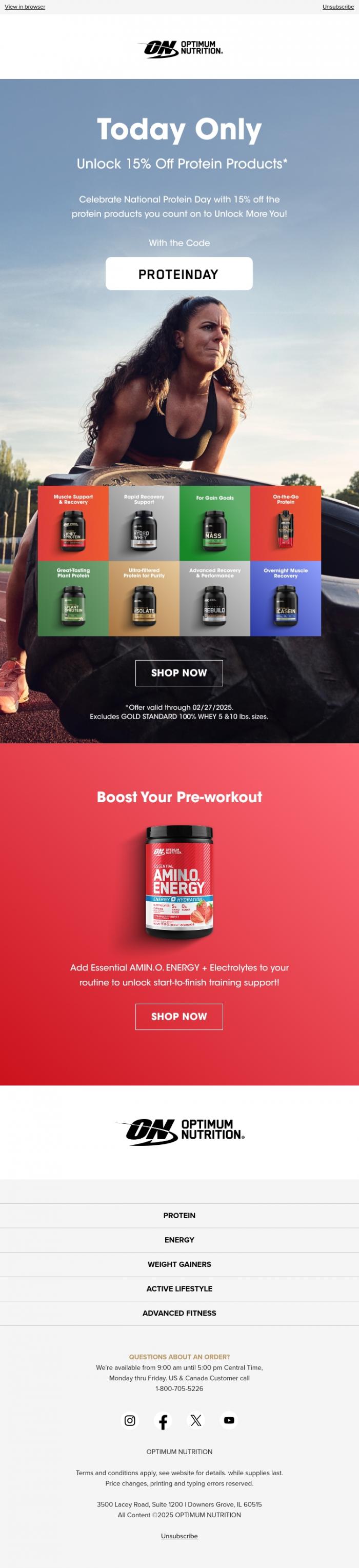 Email Design Inspiration from Optimum Nutrition, Today Only: Unlock 15% Off Protein Products! 🔐