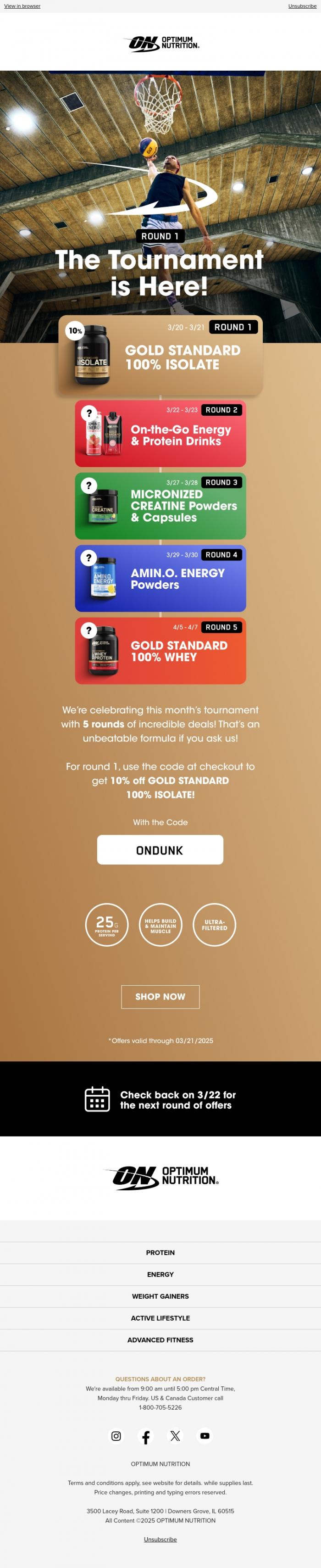 Email Design Inspiration from Optimum Nutrition, The Bracket of Bargains Has Arrived! 🏀