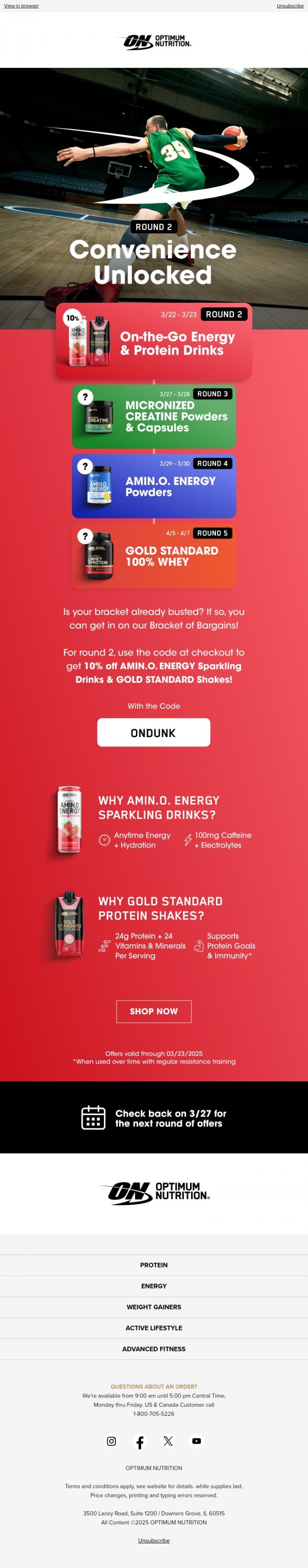Email Design Inspiration from Optimum Nutrition, Bracket of Bargains Round 2! ⛹🏽