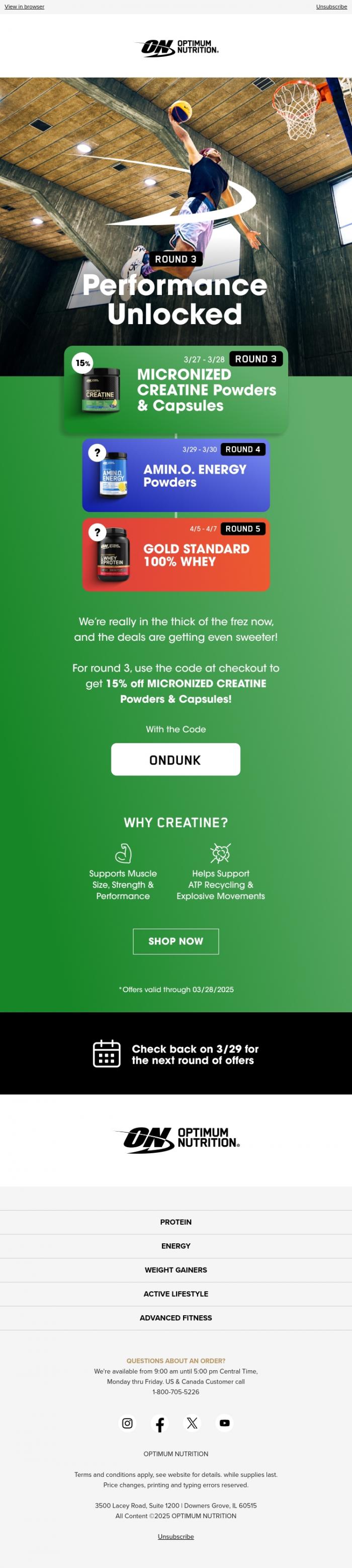 Email Design Inspiration from Optimum Nutrition, Round 3: 15% Off Micronized Creatine Powders & Capsules ⛹️♀️