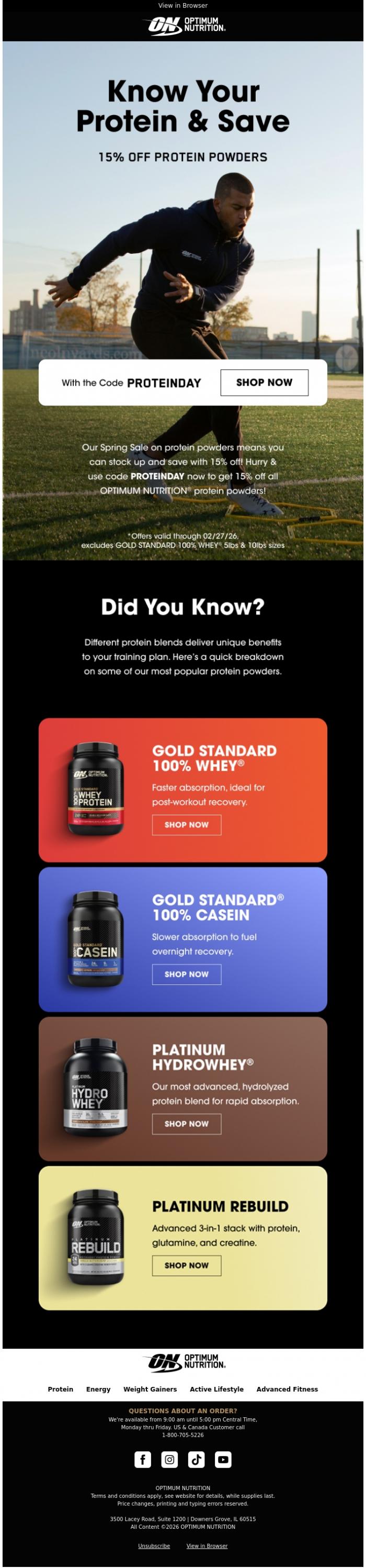 Email Design Inspiration from Optimum Nutrition, Know Your Protein & Save 🧠 