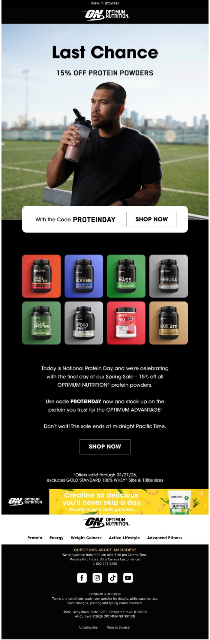 Email Design Inspiration from Optimum Nutrition, Last Chance: 15% Off Protein Powders ⏱️