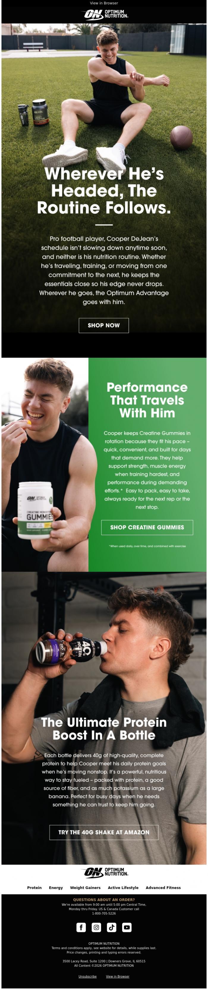 Email Design Inspiration from Optimum Nutrition, On the move with Cooper DeJean's go‑to essentials