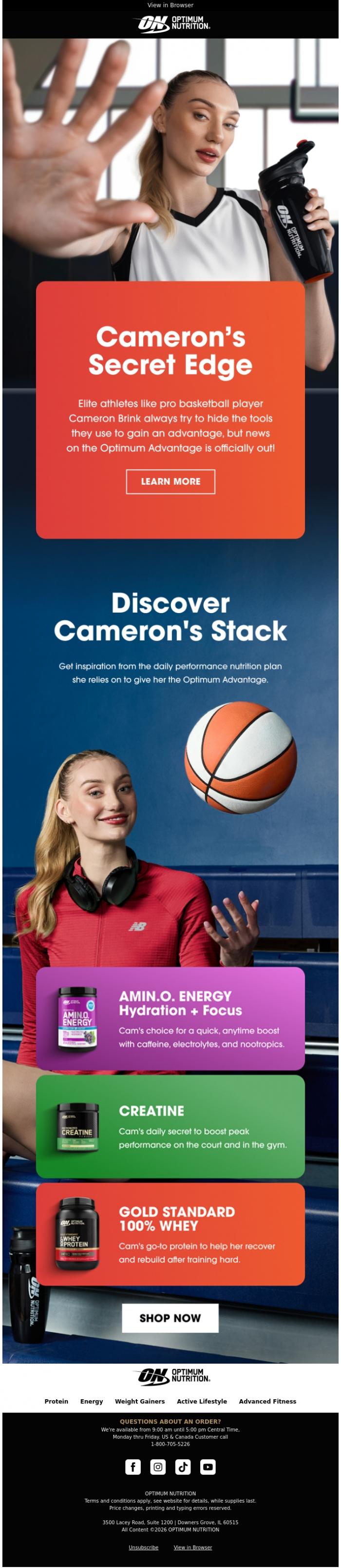 Email Design Inspiration from Optimum Nutrition, Discover Cameron Brinks' Secret ⛹️♀️🤐