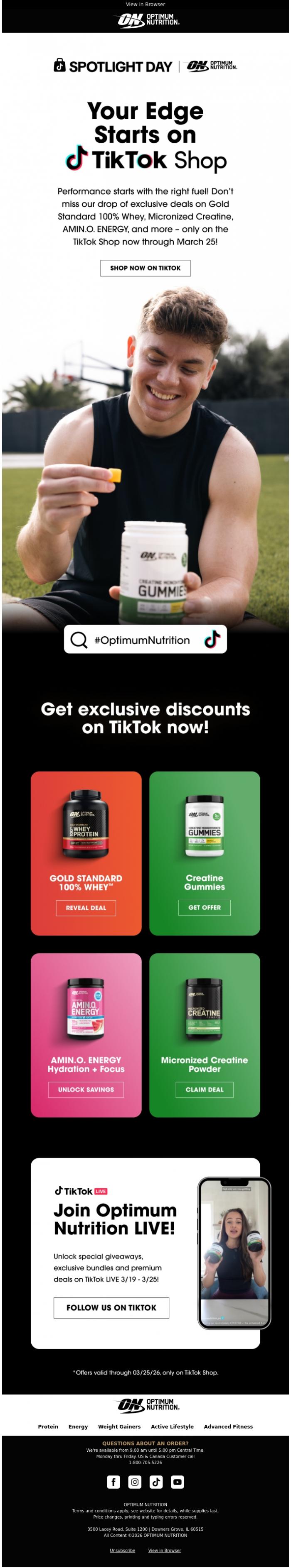 Email Design Inspiration from Optimum Nutrition, Find Your Edge on TikTok Shop! 📱