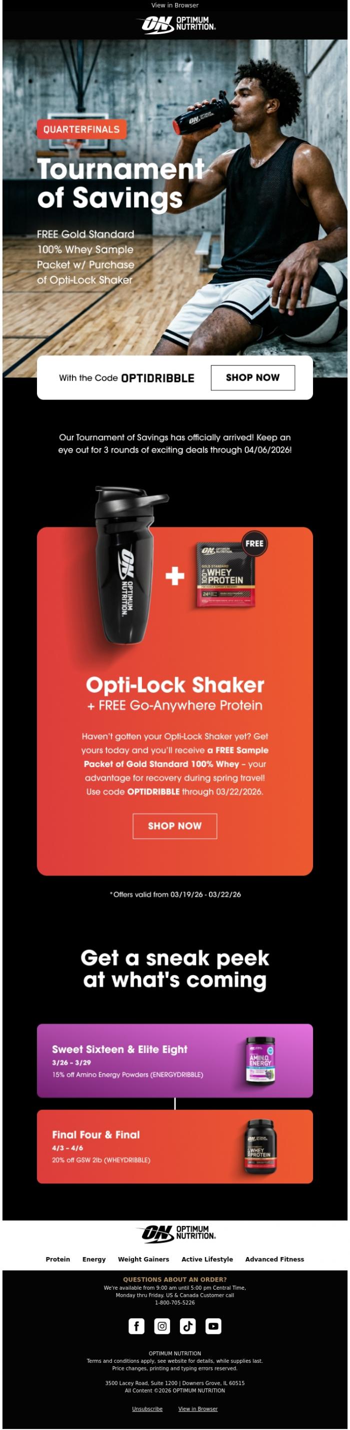 Email Design Inspiration from Optimum Nutrition, The Tournament of Savings Begins! 🙌🏀