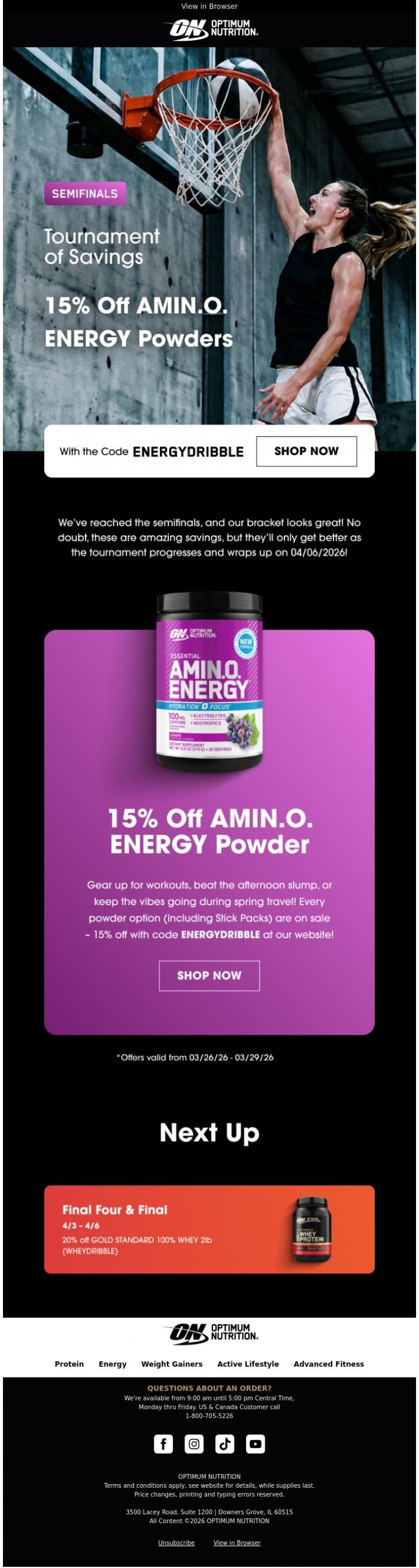 Email Design Inspiration from Optimum Nutrition, Semifinals: 15% Off AMIN.O. ENERGY Powders 🙌