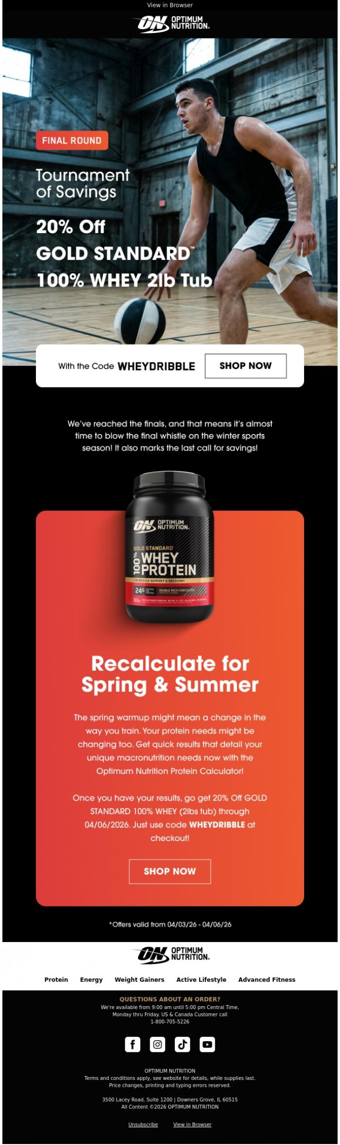 Email Design Inspiration from Optimum Nutrition, Finals: 20% Off Gold Standard 100% Whey 😲