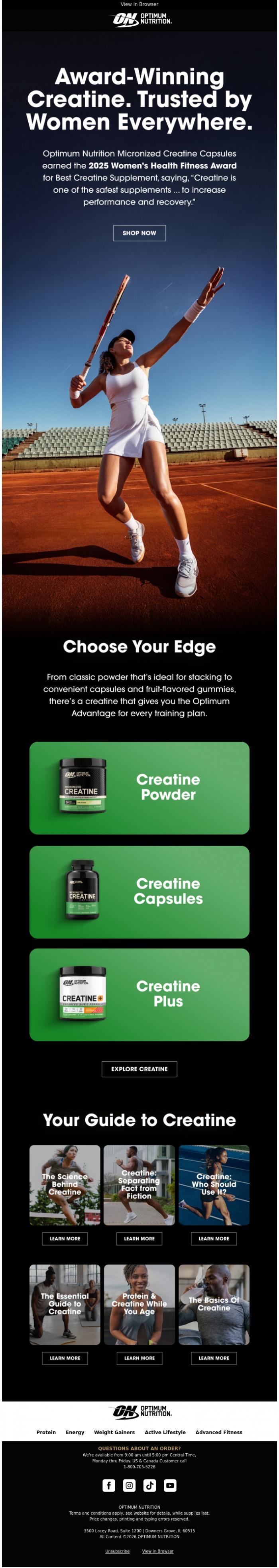 Email Design Inspiration from Optimum Nutrition, Discover Award‑Winning Creatine