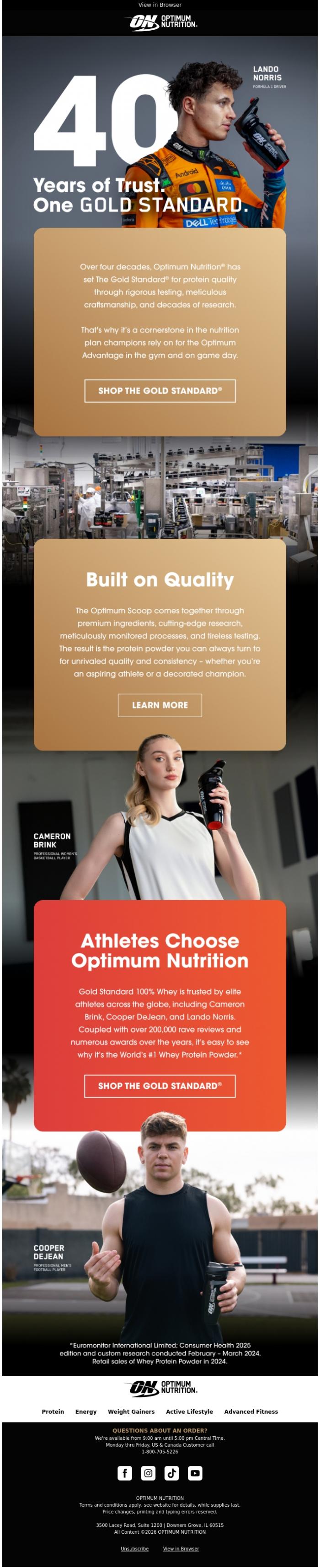 Email Design Inspiration from Optimum Nutrition, 40 Years of Trust. One Gold Standard.