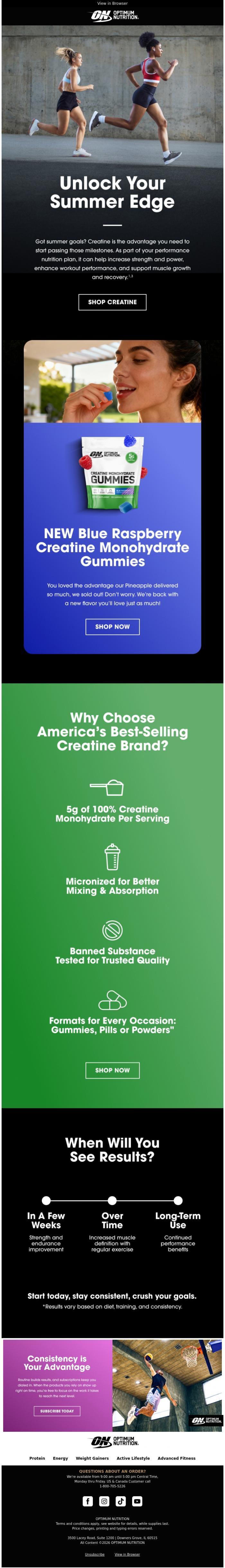 Email Design Inspiration from Optimum Nutrition, Creatine is Your Summer Edge 😎