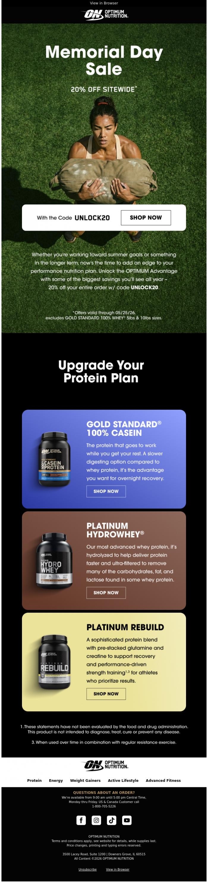 Email Design Inspiration from Optimum Nutrition, Memorial Day Sale: 20% Off Sitewide