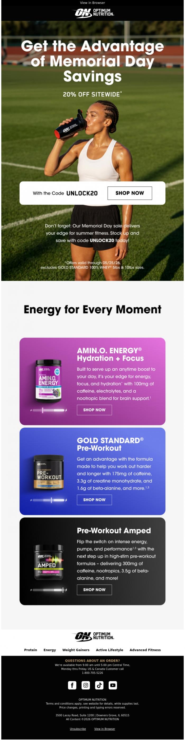 Email Design Inspiration from Optimum Nutrition, Memorial Day Sale Reminder
