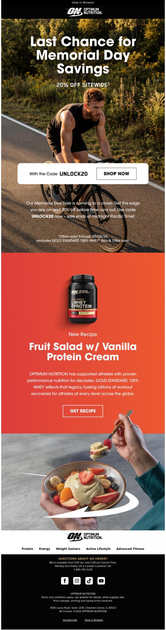 Email Design Inspiration from Optimum Nutrition, Last Chance to Save 20%