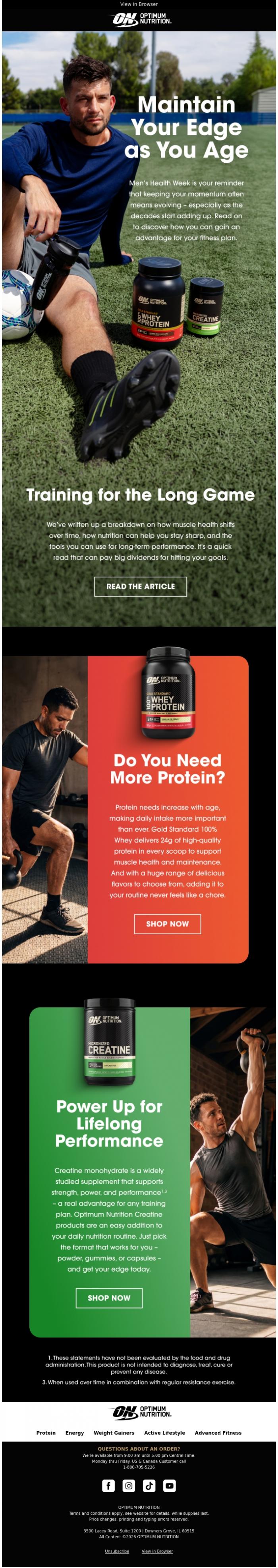 Email Design Inspiration from Optimum Nutrition, Men's Health Week: Evaluate & Evolve