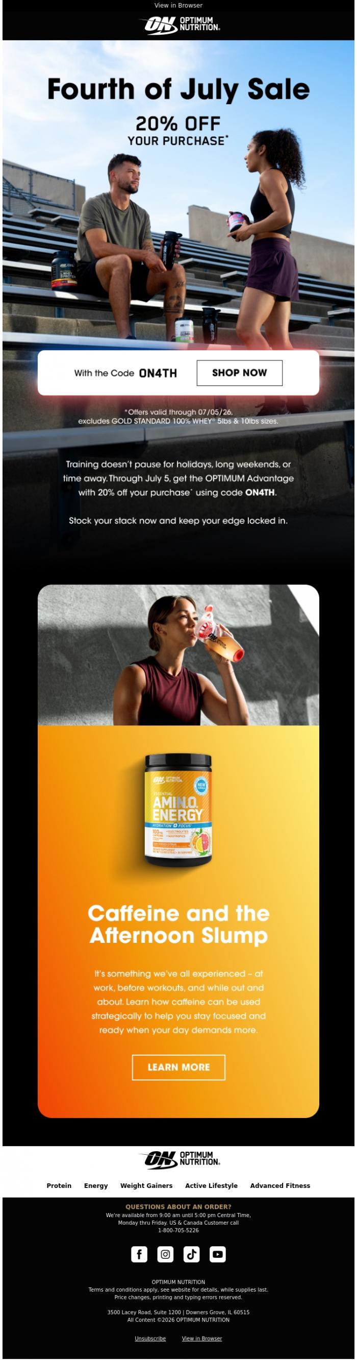 Email Design Inspiration from Optimum Nutrition, Fourth of July Sale: 20% Off almost everything
