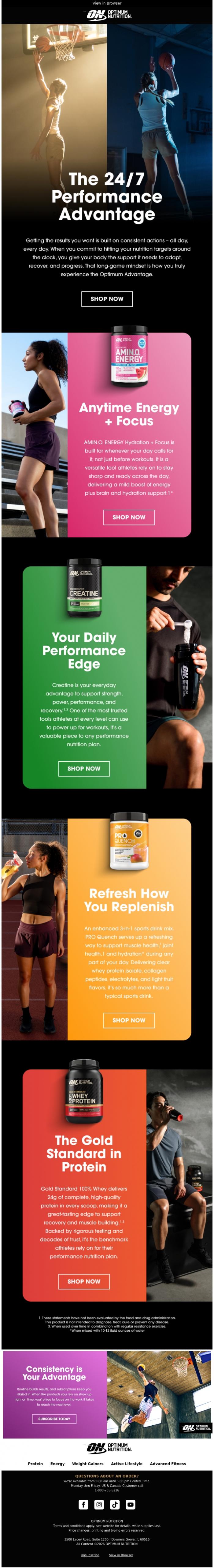 Email Design Inspiration from Optimum Nutrition, Build Your 24/7 Advantage ⌚️🗓️