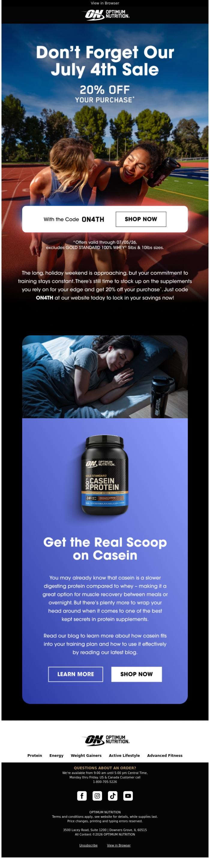 Email Design Inspiration from Optimum Nutrition, Don't Forget Your July 4th Savings! 🇺🇸